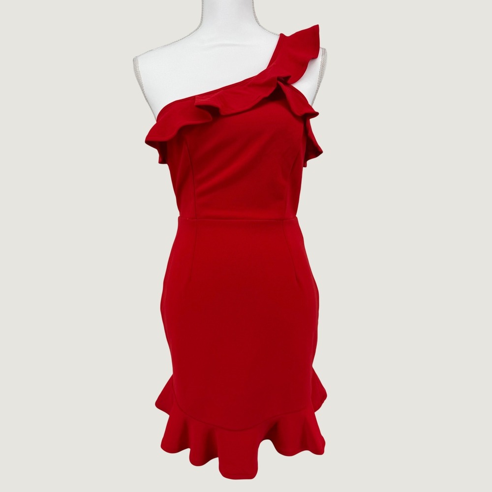 NEW Saints & Secrets Medium Mini Dress Red Ruffle One Shoulder‎ Cocktail Party